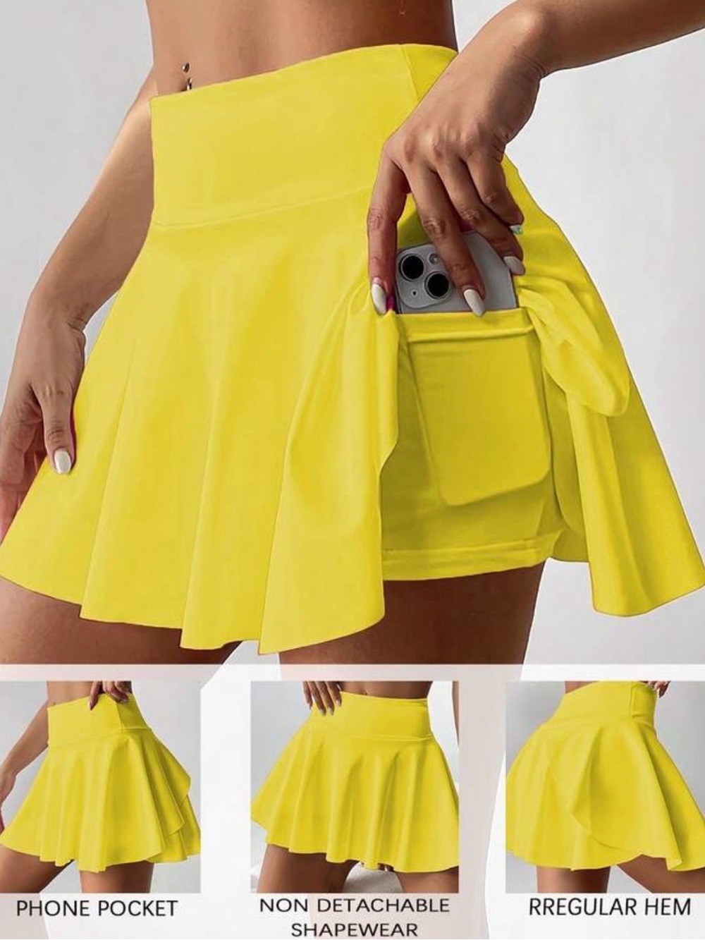 Women’s High-Waist Yellow Tennis Skort with Phone Pocket